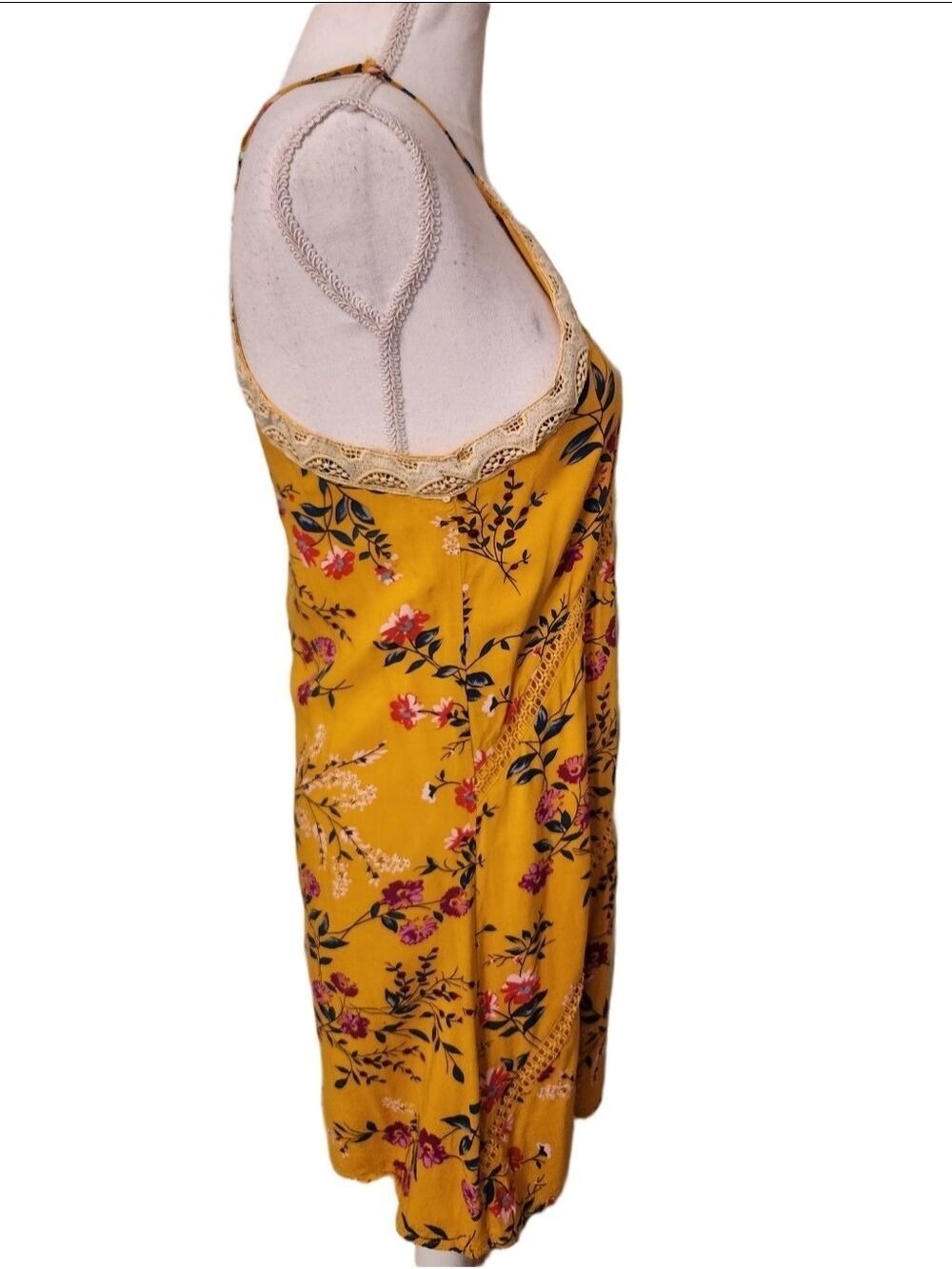 Blue Rain Floral Print Dress Small Yellow Lace Trim Sleeveless Summer Boho - Picture 13 of 16